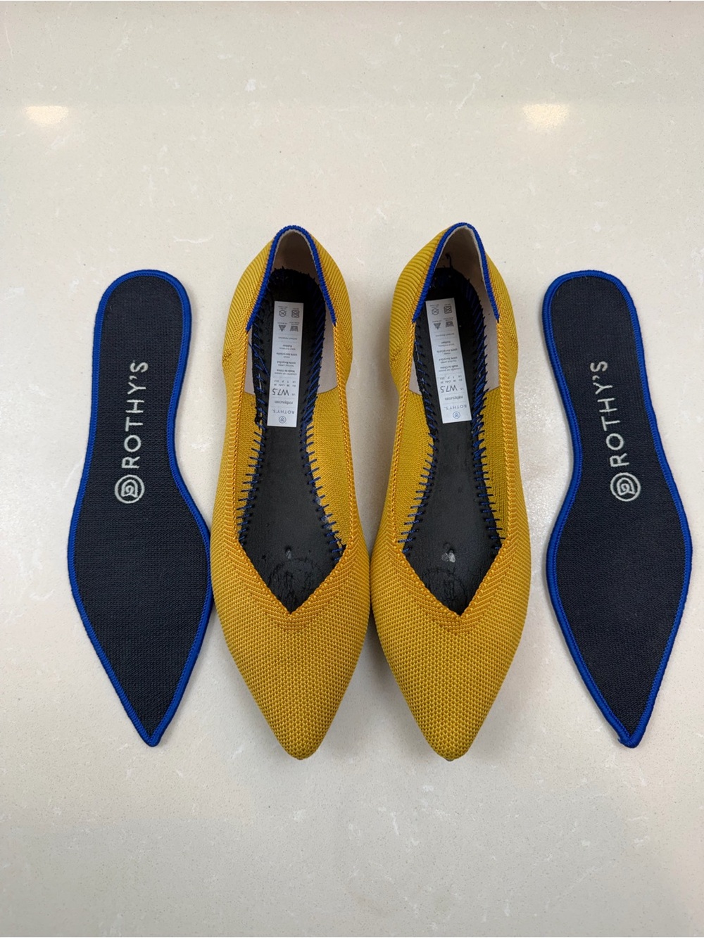 Rothy's Pointed Knit Flats in Mustard with Blue Trim - Picture 7 of 9